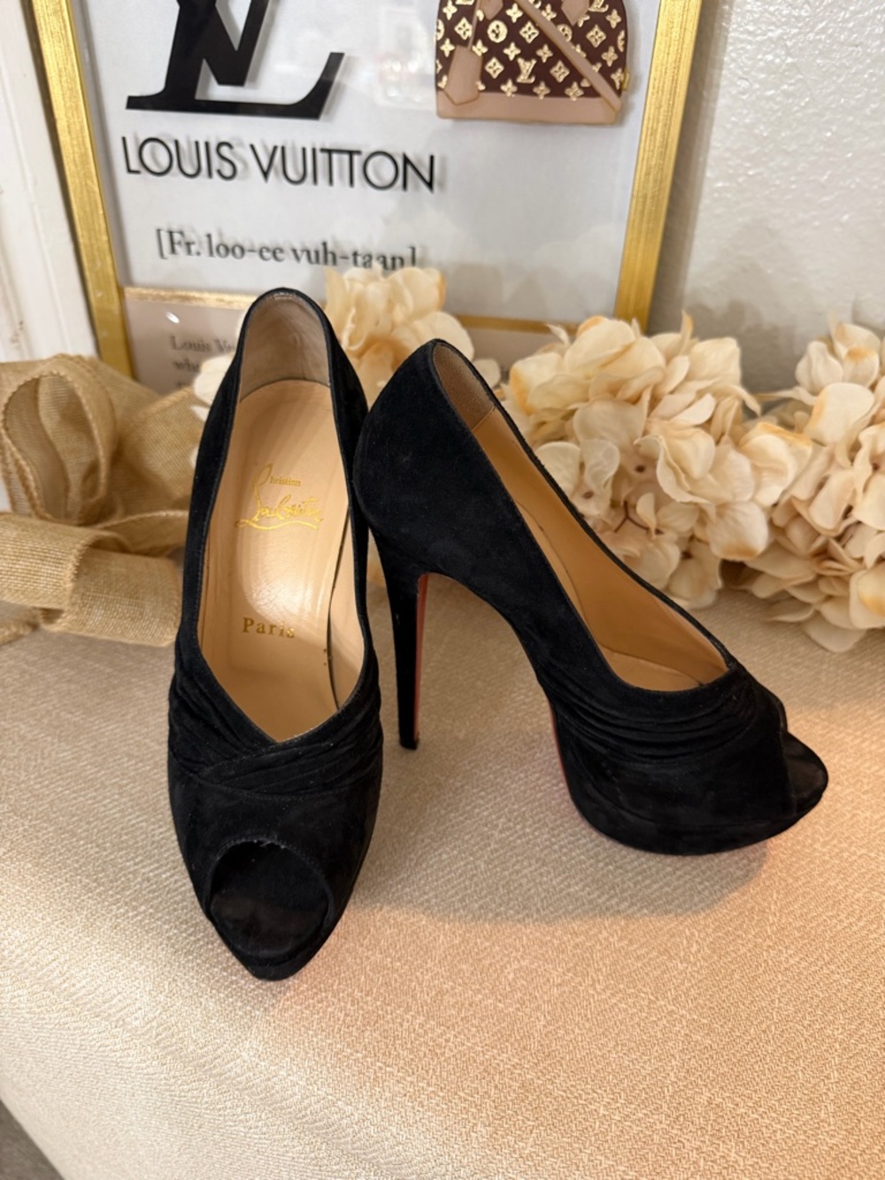 Christian Louboutin Black Suede Peep-Toe Platform Pumps